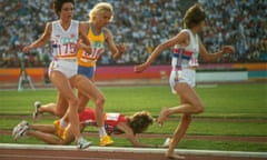 Mary Decker on the ground after a collision with Zola Budd, right, in the women’s 3,000m event at the Olympics in Los Angeles in 1984.