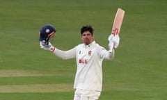 Sir Alastair Cook of Essex celebrates scoring a century against Kent.