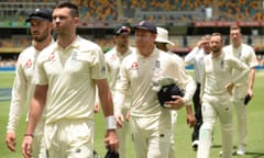 England’s players troop off the field in Brisbane after falling to a 10-wicket defeat in the first Ashes Test. 