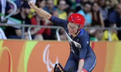 Sarah Storey of Great Britain celebrates victory at the 2016 Paralympic Games in Rio.