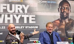 Tyson Fury points to a picture of Dillian Whyte, his opponent on 23 April.