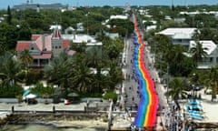 The world’s longest rainbow flag is unfurled for PrideFest in Key West, Florida, June 2003. The 8,000ft-long flag was created by Gilbert Baker, who designed the original flag in 1978