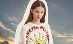 Model wears jumper with ‘We are the weather’ emblazoned on it.