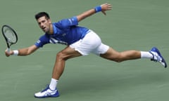 Novak Djokovic stretches for a forehand en route to a four-set win against Kyle Edmund