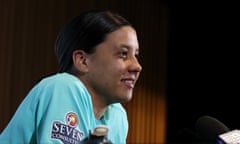 Matildas captain Sam Kerr speaks to press after a training session at Optus Stadium in Perth ahead of Australia’s qualifier against the Philippines on Sunday. 