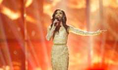 Conchita Wurst of Austria singing the winning Rise Like a Phoenix at 2014’s Eurovision Song Contest