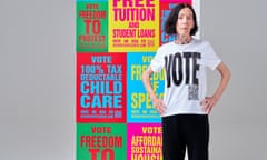 Katharine Hamnett with her Voting T-shirt and posters.
