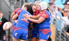 Tamika Upton of the Knights celebrates after scoring a late try to settle the 2023 NRLW grand final against Gold Coast Titans at Accor Stadium.