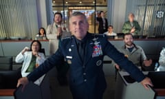 This image released by Netflix shows Steve Carell, center, from the comedy series “Space Force,” available for streaming on Netflix on Friday. (Aaron Epstein/Netflix via AP)