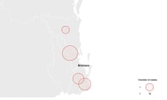 Qld Brisbane coronavirus map showing trend in Covid-19 cases by region.  Queensland Covid case numbers, data update, hotspot areas and postcodes