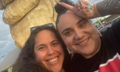 Paulina and Hulita pose at the Big Marino in Goulburn, Australia