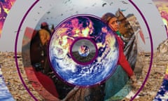 Graphic showing people working on a landfill site. Superimposed on top is a graphic with a series of rings which contain pictures of the Earth's surface merging with pictures of fire