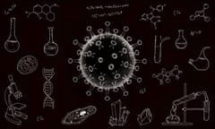 Image of a coronavirus drawn on a blackboard alongside scientific equipment and diagrams