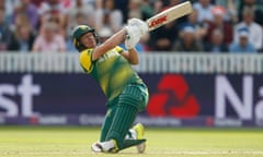 South Africa’s AB De Villiers hits a six over the stands during a T20 match last year.