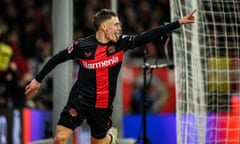 Bayer Leverkusen’s Florian Wirtz celebrates after scoring his team's second goal.