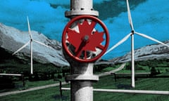 Illustration of an oil pipeline with a Canadian maple leaf-shaped valve, with mountains and windmills in background