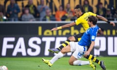 Borussia Dortmund vs Darmstadt 98<br>epa04953092 Dortmund's Pierre-Emerick Aubameyang (L) vies for the ball with Darmstadt's Gyoergy Garics and scores the 2-1 goal during the German Bundesliga soccer match between Borussia Dortmund and Darmstadt 98 at Signal Iduna Park in Dortmund, Germany, 27 September 2015.  EPA/MARIUS BECKER (ATTENTION: Due to the accreditation guidelines, the DFL only permits the publication and utilisation of up to 15 pictures per match on the internet and in online media during the match.)