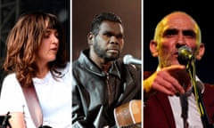 Composite of Australia musicians Courtney Barnett, Gurrumul Yunupingu, and Paul Kelly