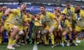 Gregory Alldritt and Romain Sazy of La Rochelle prepare to lift the Champions Cup trophy after their team’s victory over Leinster.