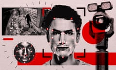 Illustrated montage of a surveillance camera,  an overhead view from a camera of a shoplifter, and a Black man's and white man's face marked with lines