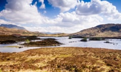 The lakes of Lochan na h-Achlaise on the vast peat bogs of Rannoch Moor in the remote West Highlands of Scotland.<br>J04BE4 The lakes of Lochan na h-Achlaise on the vast peat bogs of Rannoch Moor in the remote West Highlands of Scotland.