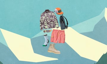 Different clothing items collaged against a cartoon mountainous background