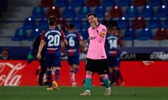 Lionel Messi looks dejected after José Morales scored Levante’s second goal in the 3-3 draw.