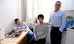 Ali and Kiana Rahmani, children of Narges Mohammadi, Iranian journalist, human rights activist and Nobel peace prize winner, with their father Taghi Rahmani in Paris.