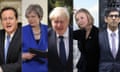 Composite of five Tory prime ministers: David Cameron, Theresa May, Boris Johnson, Liz Truss and Rishi Sunak