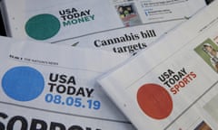 FILE - In this Aug. 5, 2019, file photo, sections of a USA Today newspaper rest together in Norwood, Mass. Gannett Co., Inc. reports earnings Thursday, Feb. 27. (AP Photo/Steven Senne, File)