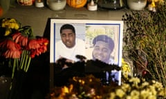 Vigil for the Airbnb shooting victims in Orinda<br>ORINDA, CA - NOVEMBER 5: A composite photo of Raymon Hill Jr. is displayed in a makeshift memorial for the Airbnb house rental shooting victims during a vigil at Orinda Theatre Square in Orinda, Calif., on Tuesday, Nov. 5, 2019. Farley is survived by his 5-month pregnant girlfriend Johnay Smith. Later, the Orinda City Council and its residents would discuss the short-term rentals ordinance due to the mass shooting on Halloween night that killed five people and injured four others. (Ray Chavez/MediaNews Group/The Mercury News via Getty Images)