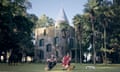 Alexia and Justina sitting in front of the castle.