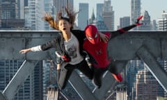 MJ (Zendaya) and Spider-Man leap off a bridge in Spider-Man: No Way Home
