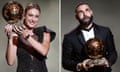 Barcelona's Alexia Putellas and Real Madrid’s Karim Benzema with the Ballon d’Or trophies in Paris.