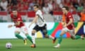 Hungary v Germany: UEFA Nations League - League Path Group 3<br>BUDAPEST, HUNGARY - JUNE 11: Jonas Hofmann of Germany is challenged by Zsolt Nagy and Callum Styles of Hungary during the UEFA Nations League League A Group 3 match between Hungary and Germany at Puskas Arena on June 11, 2022 in Budapest, Hungary. (Photo by Alex Grimm/Getty Images)