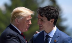 G7 Summit Charlevoix in Canada<br>epa06795159 US President Donald J. Trump (L) meets Canada’s Prime Minister Justin Trudeau (R) at the Welcome Ceremony at the G7 summit in Charlevoix in Canada 08 June 2018. The G7 Summit runs from 8 to 9 June in Charlevoix, Canada. EPA/NEIL HALL