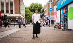 Liberating … Rhik Samadder sports a black linen skirt on the streets of Peckham.