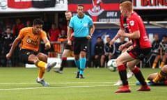 Wolverhampton Wanderers’ Raúl Jiménez scores his side’s third goal of the game against Crusaders in the Europa League.