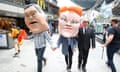Protestors dressed as caricatures of Queensland Opposition Leader Tim Nicholls (centre) and One Nation Leader Senator Pauline Hanson are seen as union protestors from the Queensland Council of Unions (QCU) march through the Brisbane CBD in Brisbane, Wednesday, November 22, 2017. (AAP Image/Jono Searle) NO ARCHIVING