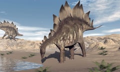 A stegosaurus dinosaur drinking water in the desert.
