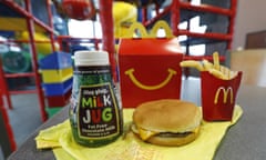 A McDonald’s Happy Meal including a cheeseburger with fries.