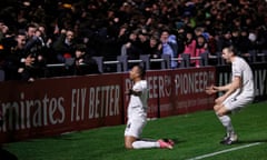 Adrian Clifton celebrates after scoring Boreham Wood’s second goal against AFC Wimbledon