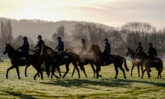 Irish trainer Gordon Elliott’s horses on the gallops at Cheltenham on Monday.