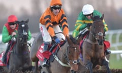 Thistlecrack, centre, on his way to being well beaten at Newbury on Friday.
