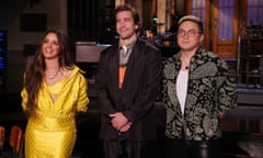 BESTPIX: Saturday Night Live - Season 47<br>SATURDAY NIGHT LIVE -- Jake Gyllenhaal, Camila Cabello Episode 1822 -- Pictured: (l-r) Musical guest Camila Cabello, host Jake Gyllenhaal, and Bowen Yang during promos in Studio 8H on Thursday, April 7, 2022 -- (Photo by: Rosalind O'Connor/NBC/NBCU Photo Bank via Getty Images)