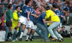 Everton’s Gary Ablett and Graham Stuart celebrate after defeating Wimbledon.