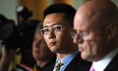 Senator Dio Wang alongside David Leyonhjelm at a media conference in Canberra