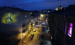 Dostoevsky’s portrait projected onto building facade in St Petersburg<br>ST PETERSBURG, RUSSIA - NOVEMBER 25, 2020: A projection of Russian writer Fyodor Dosyoevsky’s portrait lights up the firewall of a house in Kuznechny Lane where he spent the last years of his life. It is the first mural projection in the historical area of the city. Peter Kovalev/TASS (Photo by Peter Kovalev\TASS via Getty Images)