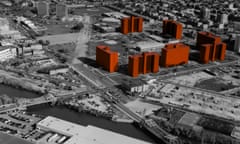 An aerial black-and-white image, with high-rise buildings highlighted in dark red forming a square around a massive, inner courtyard.