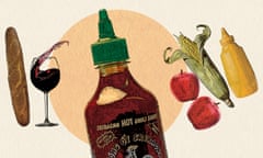 Illustration of a bottle of sriracha surrounded by apples, wine, bread, corn and mustard